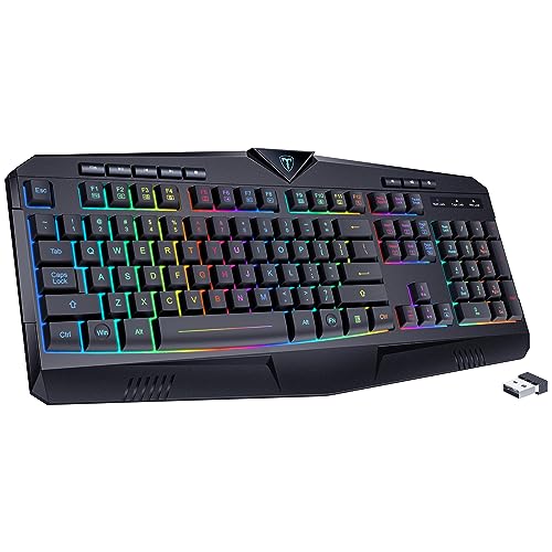 Wireless Keyboard, Rechargeable RGB Backlit Wireless Gaming Keyboard with Wrist Rest, Silent Keys, Multimedia Keys, Anti-ghosting, Full-Size Waterproof Light Up Keyboard for PC Mac Xbox Gamer