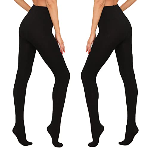 HA WA Black Tights for Women, 2 Pairs Opaque Fleece Lined Tights with Control Top Pantyhose (Black&Black, Medium)