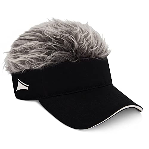 Concept One Flair Hair Sun Visor Cap with Fake Hair, Grey Hair with Black Adjustable Baseball Hat, Grey, One Size