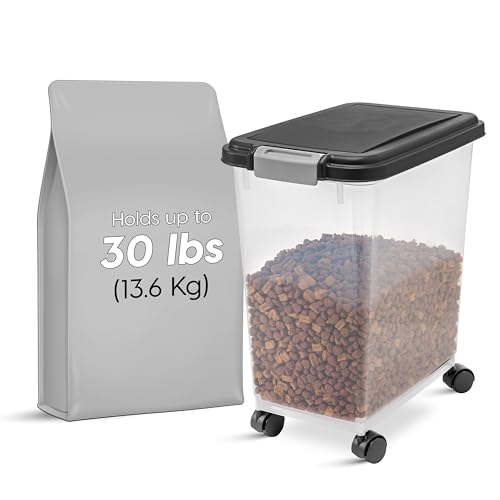 IRIS USA 30 Lbs / 33 Qt WeatherPro Airtight Pet Food Storage Container with Attachable Casters, For Dog Cat Bird and Other Pet Food Storage Bin, Keep Fresh, Translucent Body, Easy Mobility, Black