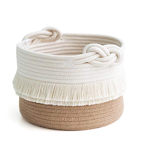 CherryNow Small Woven Storage Baskets Cotton and Jute Rope Decorative Hamper for Diaper, Blankets, Magazine and Keys, Cute Tassel Nursery Decor - Home Storage Container – 9.5'' x 7''
