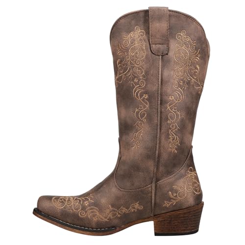 ROPER Womens Riley Scroll Embroidery Snip Toe Casual Boots Mid Calf Low Heel 1-2' - Brown - Size 9 M