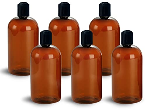 ljdeals 16 oz Amber PET Plastic Refillable Bottles with Black Disc Top Caps, Reusable Containers for Shampoo, Lotions, Cream and More, Pack of 6, BPA Free, Made in USA