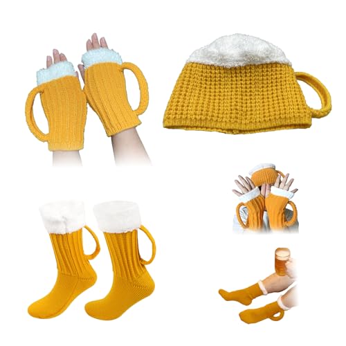 BINGONE Funny 3D Beer Mug Knitted Glove Gift,Winter Magic Gloves,Winter Gloves for Men Women, Beer Shape (3 pcs)