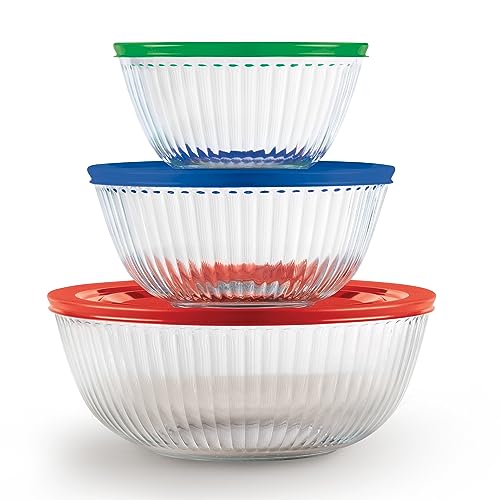 Pyrex Sculpted Large 6-Piece Glass Mixing Bowls, 1.3 QT, 2.3 QT, and 4.5 QT Prepping and Baking Food Storage Set, Dishwasher, Microwave and Freezer Safe