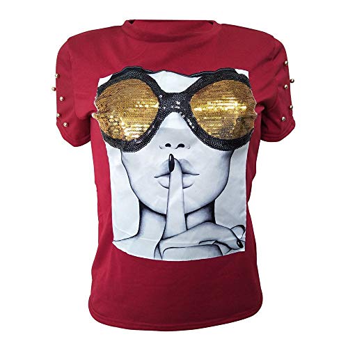 PESION Womens Short Sleeve T-Shirt Sequined Tops O-Neck Funny Graphic Tees Blouse, Burgundy X-Large