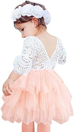 2Bunnies Girl Peony Lace Back A-Line Tiered Tutu Tulle Flower Girl Dress (Pink Bell Sleeve, 12M)