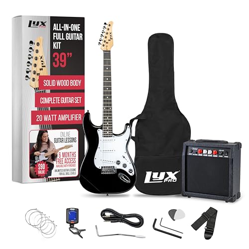 LyxPro Electric Guitar 39' inch Complete Beginner Starter kit Full Size with 20w Amp, Package Includes All Accessories, Digital Tuner, Strings, Picks, Tremolo Bar, Shoulder Strap, and Case Bag - Black