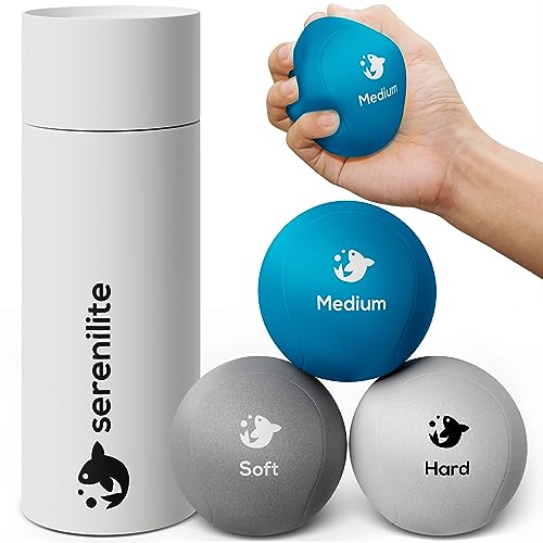 Serenilite 3X Hand Therapy Exercise Stress Ball Bundle for Adults, Grip Strengthening, Tri-Density Squeeze Balls, Hand Grip Strengthener, Soft, Medium & Hard