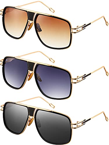 Frienda 3 Pairs Sunglasses for Men Retro Men Shades Glasses Fashion Metal Gold Frame Oversized Sun Glasses Designer