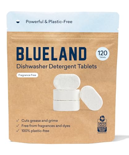 BLUELAND Plastic-Free Dishwasher Detergent Tablets, 120 Count, Unscented