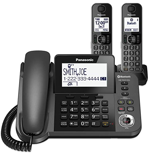 PANASONIC Bluetooth Corded / Cordless Phone System with Answering Machine, Enhanced Noise Reduction and One-Touch Call Block - 2 Handsets - KX-TGF382M (Metallic Black)