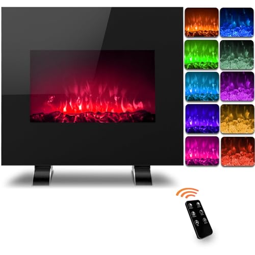 LifePlus Electric Fireplace Heater, 26 Inch Glass Fireplace Heater with Wall Mounted and Freestanding, Adjustable 10 Flame LED Colors, Log & Crystal Hearth Options, Remote Control, 12H Timer