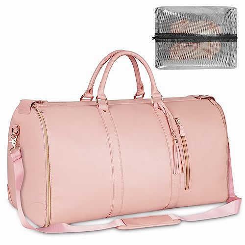 Ytonet Carry On Garment Bag, Large PU Leather Duffle Bag for Women, Waterproof Garment Bags for Travel with Shoe Pouch, 2 in 1 Hanging Suitcase Suit Travel Bags, Gifts for Women, Pink