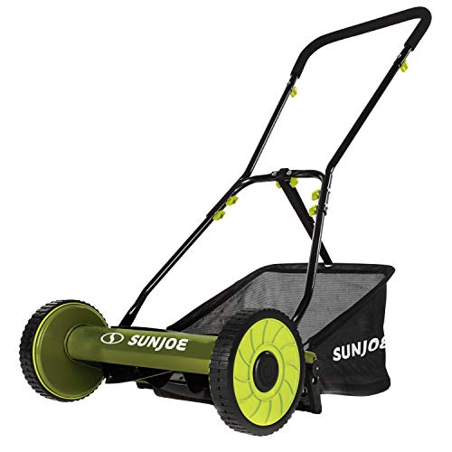 Sun Joe MJ500M 16-Inch Manual Reel Mower w/Adjustable Cutting Height, 6.6-Gallon Removable Grass Catcher, 5 Steel Blades, 2-Wheels