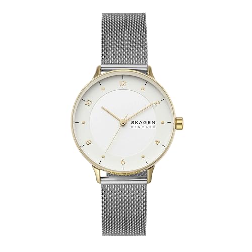 Skagen Women's Riis Three-Hand Silver and Gold Two-Tone Stainless Steel Mesh Band Watch (Model: SKW2912)