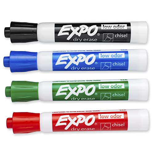 EXPO Low Odor Dry Erase Markers, Chisel Tip, Assorted Colors, 4 Count