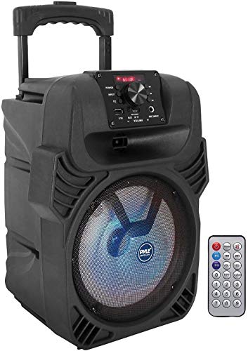 Pyle 400W Portable Bluetooth PA Loudspeaker - 8” Subwoofer System, 4 Ohm/55-20kHz, USB/MP3/FM Radio/ ¼ Mic Inputs, Multi-Color LED Lights, Built-in Rechargeable Battery w/ Remote Control -PPHP844B