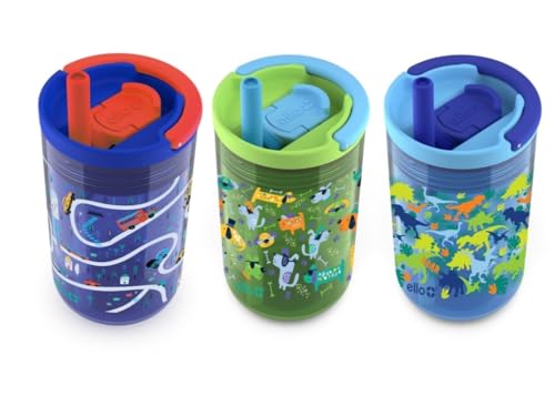 Ello Kids Bop 12 oz Spill Resistant Tritan Tumbler With Removable Straw | Built In Carry Handle | 3 Pack (Cars, Dogs, Dinos)