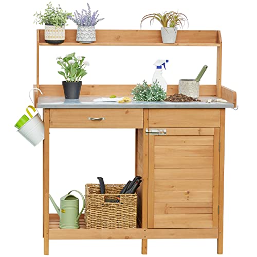 Yaheetech Outdoor Garden Potting Bench Table Work Bench Metal Tabletop W/Cabinet Drawer Open Shelf Natural Wood