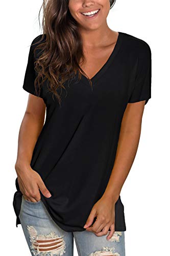 Sipaya Women V Neck Short Sleeve T Shirt Solid Color Casual Basic Summer Tops 2023 Black XL