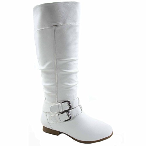 TOP Moda Coco-20 Women's Fashion Round Toe Low Heel Knee High Zipper Riding Boot Shoes,White,7.5