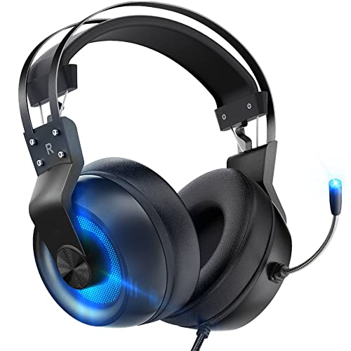 Gaming Headset PC, 360°Rotatable Noise Cancelling Microphone, 7.1 Surround Sound, LED Light Over Ear Headphones, Soft Memory Earmuffs, Wired Headset Compatible for PC, PS4, Xbox One, Nintendo Switch