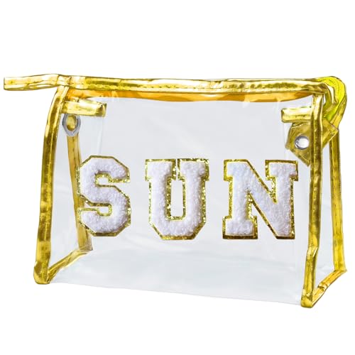 COSHAYSOO Clear Makeup Bag Preppy Sunscreen Zipper Pouch Cosmetic Beach Travel Summer Stuff Small Make Up Purse Organizer for Women Teen Girls with Trendy Cute Chenille Letter Patch Golden SUN