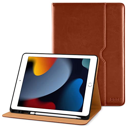 DTTO for iPad 9th/8th/7th Generation 10.2 Inch Case 2021/2020/2019, Premium Leather Business Folio Stand Cover with Apple Pencil Holder - Auto Wake/Sleep and Multiple Viewing Angles, Dark Brown