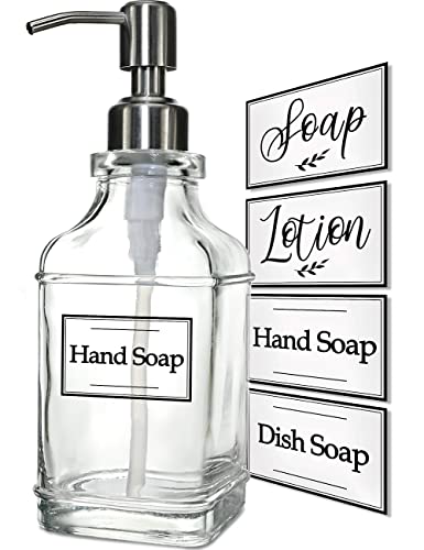 JASAI Antique Design Soap Dispenser with Rust Proof 304 Stainless Steel Pump, Refillable Clear Glass Soap Dispenser with 10Pcs Clear Stickers, Premium Kitchen & Bathroom Soap Dispenser