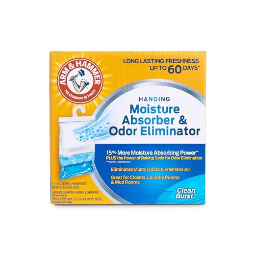 Arm & Hammer Hanging Moisture Absorber and Odor Eliminator, 16.1 oz., 6 Pack, Clean Burst, Moisture Absorbers for Closet and Small Rooms, Long-Lasting Freshness