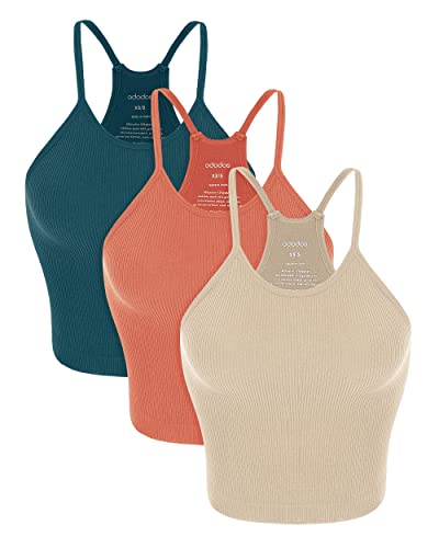 ODODOS Women's 3-Pack Seamless Cami Tops Ribbed Camisole Tank Top, Beige Coral Teal, Medium/Large