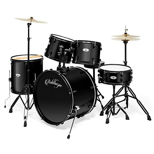 Ashthorpe 5-Piece Complete Full Size Adult Drum Set with Remo Batter Heads - Black