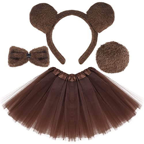 Jmkcoz Kids Animal Brown Bear Costume Bear Ears Headband Bowtie Tail Tutu Skirt Animal Fancy Costume Kit Halloween Cosplay Party Accessories for Girls Boys