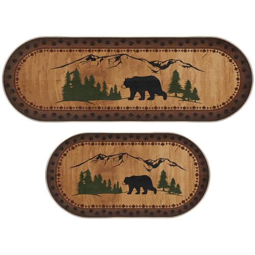 Tinideya 2 Pcs Bear Non Skid Rug Rustic Lodge Theme Area Rug with Bear and Cub Scene Cabin Rug for Home Bathroom Bedroom Living Room