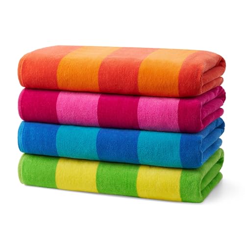 Ben Kaufman 100% Cotton Velour Towels - Large Cotton Towels - Soft & Absorbant - Assorted Striped Colors - 30” x 60” - 4 Pack