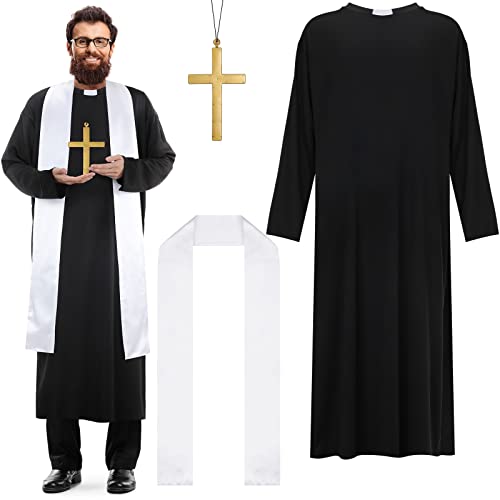 Zhanmai Men's Priest Costume Adult Priest Costume with Father Robe Stole Plastic Monk Cross for Cosplay Stage Halloween (White, Plus Size)