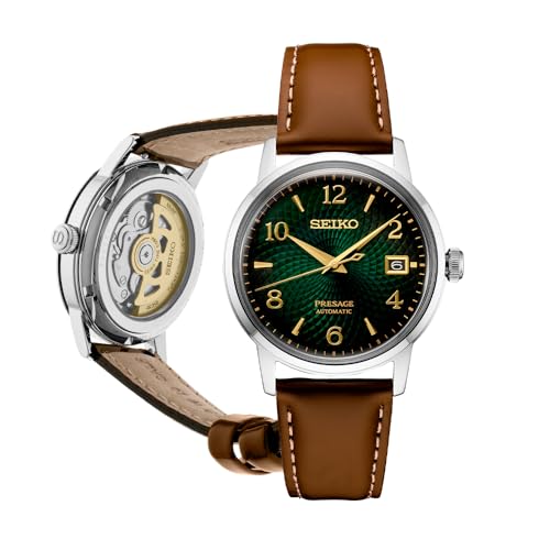 SEIKO Presage Green SRPE45 Brown Leather Automatic Mens Watch