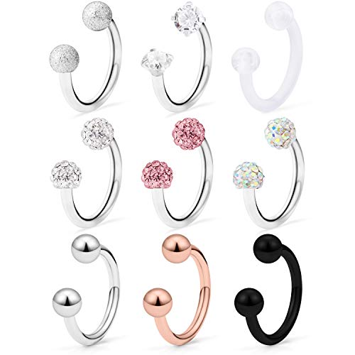 Hoeudjo 9PCS 16G Surgical Steel Lip Hoop Ring Crystal Cubic Horseshoe Barbell Tragus Cartilage Earring Helix Daith Hoop Piercing Body Piercing Jewelry Retainer for Women Men 8mm Silver-tone