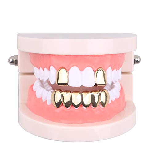 TSANLY Gold Grillz Mouth Teeth 24K Plated Gold Custom Fit Top & Bottom Set Caps Grillz for Women Gift + Extra Molding Bars + Microfiber Cloth