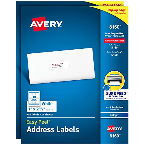 Avery Easy Peel Printable Address Labels with Sure Feed, 1' x 2-5/8', White, 750 per Pack, 2 Packs, 1,500 Blank Mailing Labels Total (08160)