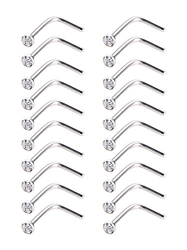 20 Pieces Curved Nose Stud Stainless Steel Nose Ring Crystals L Bend Nose Screw Piercing Jewelry, 20 Gauge