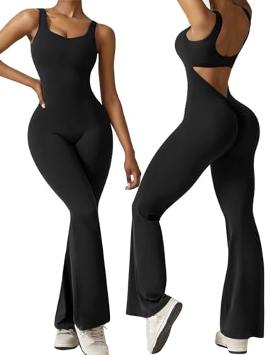 Vertvie Wide Leg Jumpsuits for Women Open Back Flared Bottom Pants Romper Bodycon One Piece Workout Girl Outfit Stretch Butt Lifting Unitard Playsuit(S,Black)