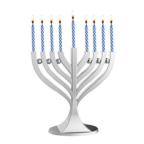 Zion Judaica Mini Classic Menorah with Mini Birthday Size Hanukkah Candles - Satin Silver Small Travel Minorah with 44 Blue and White Spiral Chanukah Candles - On The Go Hanukkiah Cute Hanukkah Gift