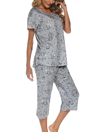 ENJOYNIGHT Womens Pajama Sets Cotton Pj Set Short Sleeve Top With Capri Pants Sleepwear 2 Piece Lounge Set (Small,Grey Cat)