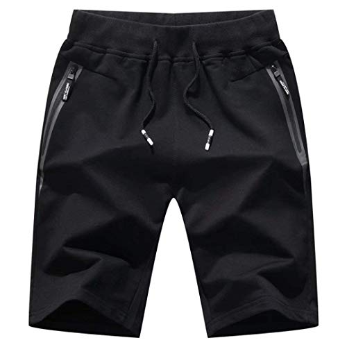 STICKON Mens 7' Inseam Workout Shorts Elastic Waist Drawstring Summer Casual Short Pants Zipper Pockets (Black, Medium)