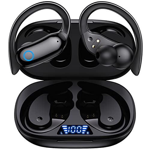 GNMN Bluetooth Headphones Wireless Earbuds 80hrs Playback Ear Buds IPX7 Waterproof Stereo Bass Over-Ear Earphones with Earhooks Microphone LED Battery Display for Sports/Workout/Gym/Running Black