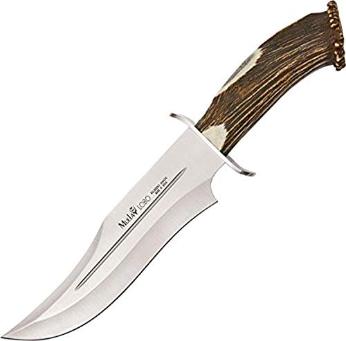 MUELA LOBO-23S Genuine Red Stag Antler Crown Handle Hunting Knife with Leather Sheath, 9-1/6'
