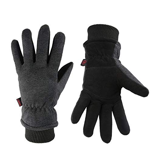OZERO Winter Gloves for Men Women: Water-Resistant Windproof Insulated Work Gloves Leather Palm for Cold Weather Driving, Shoveling Snow, Hiking (Gray, Large)