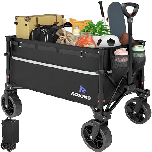 ROSONG Collapsible Wagon Cart with Wheels Foldable - Folding Utility Heavy Duty Wagons Carts for Grocery Beach Sports Garden Shopping Camping Wheelbarrows